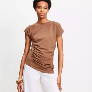 Womens LOFT Top Shirred Tee Round Neck Sz XL Short Sleeve Brown gathered Blouse